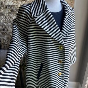 Navy and White Striped Oversized Nautical Blazer with Notched Lapel